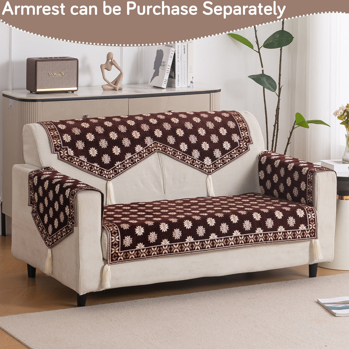 Heritage Weave Premium Jacquard Sofa Cover Set with Tassels - Coffee Brown