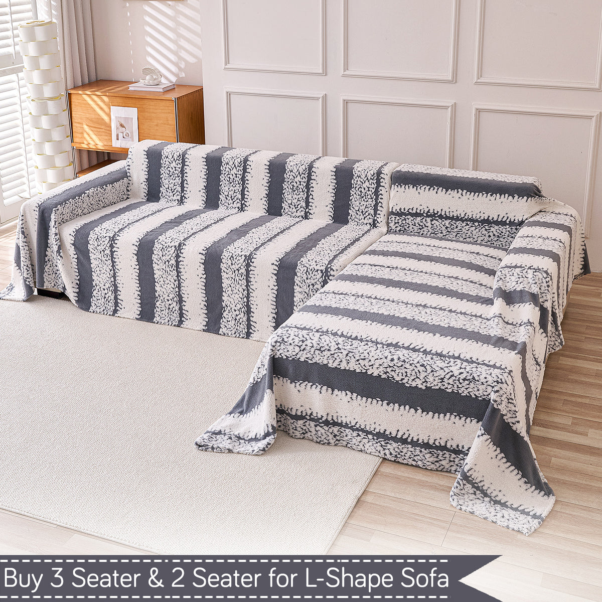 Buy Pewter Grey Colour Luxury Wavy Plush Sofa Throw for L-shape Sofas - 3 & 2 Seater Sofa Sets | HOKIPO