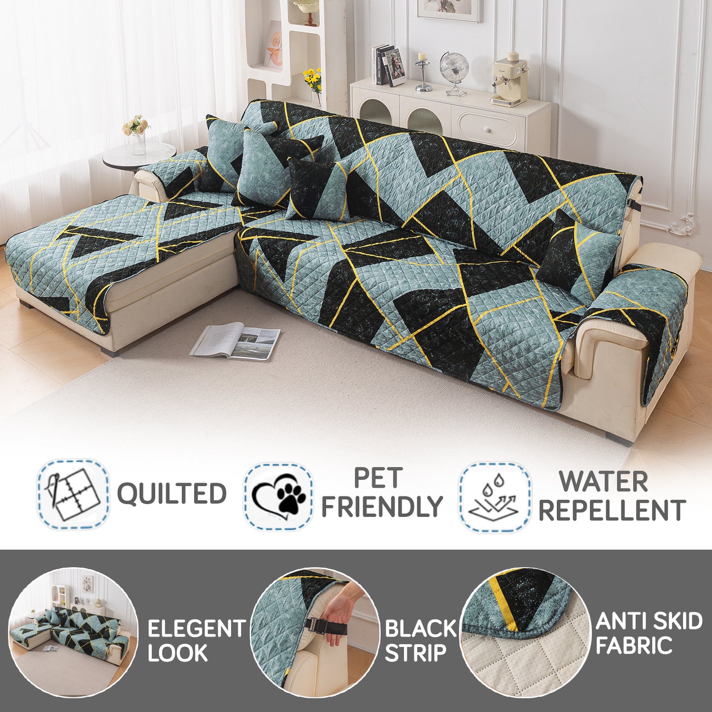 Elira Series Quilted One-Piece L Shape Sofa Cover Mat with Left and Right Chaise, Multicolor Abstract Geometry