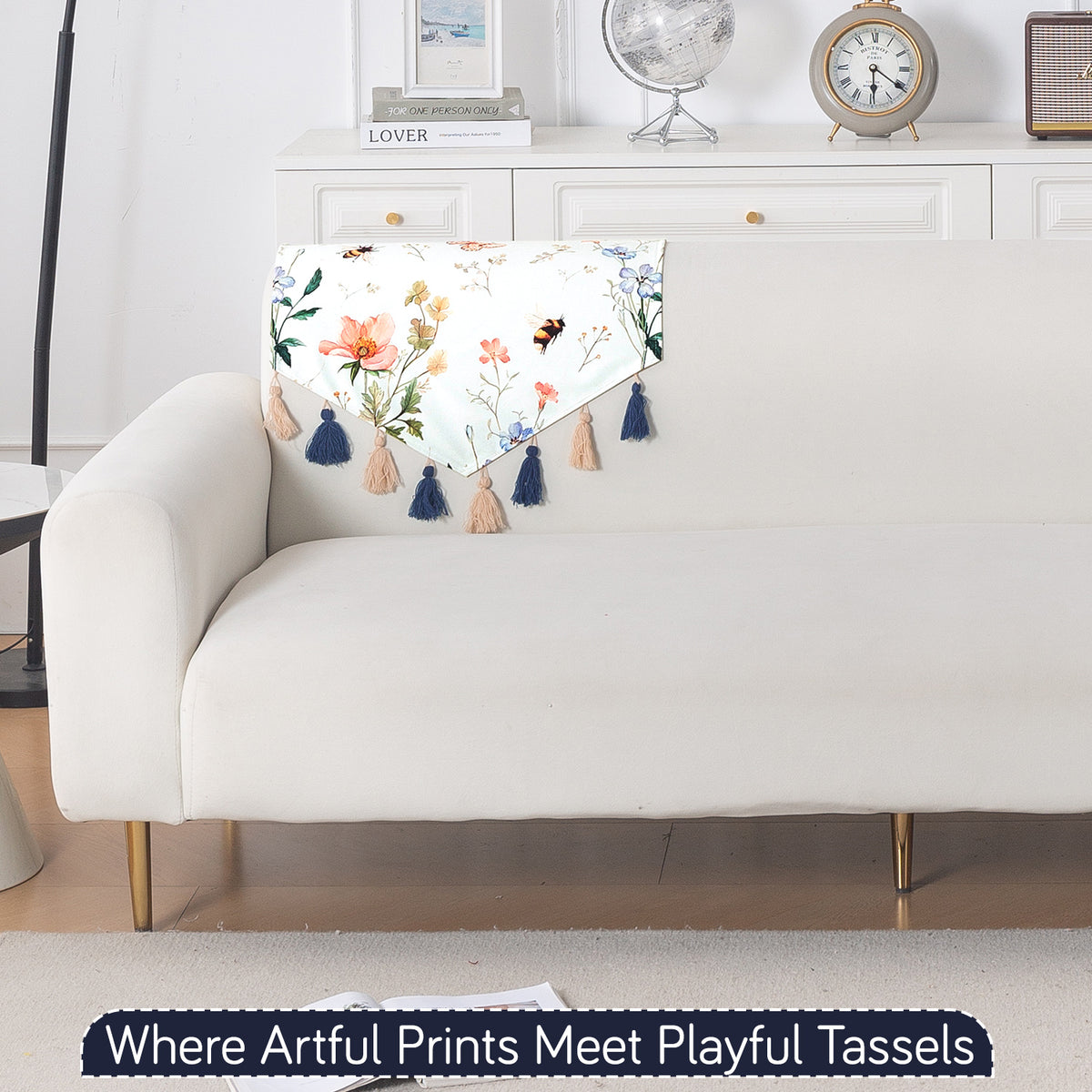 'Whispers of Nature' Series Holland Velvet Sofa Mat with Tassel, Pastel Butterfly Meadow