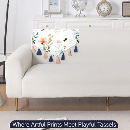 'Whispers of Nature' Series Holland Velvet Sofa Mat with Tassel, Pastel Butterfly Meadow
