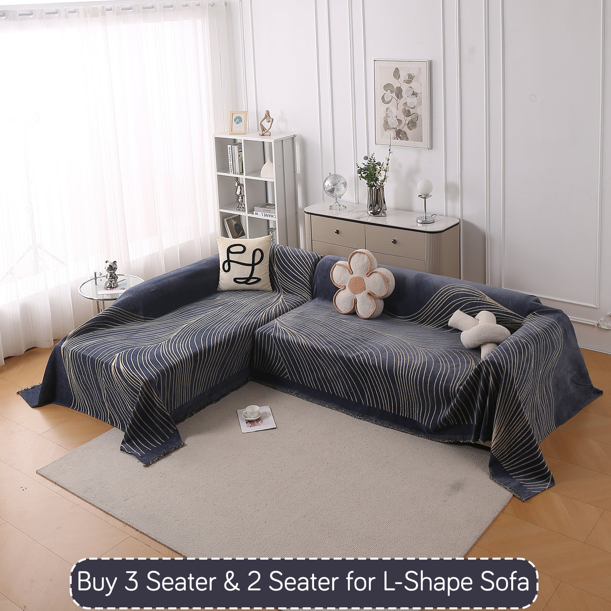 Buy Dark Grey Colour WaveLoom Chenille L-Shape Sofa Throw | HOKIPO