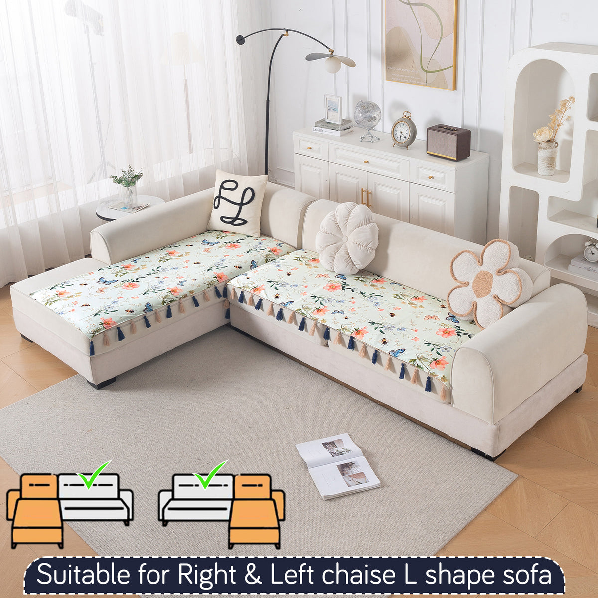 Whispers of Nature' Series Holland Velvet L Shape Sofa Cover Seat Mat with Tassels, Pastel Butterfly Meadow