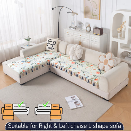 Whispers of Nature' Series Holland Velvet L Shape Sofa Cover Seat Mat with Tassels, Pastel Butterfly Meadow