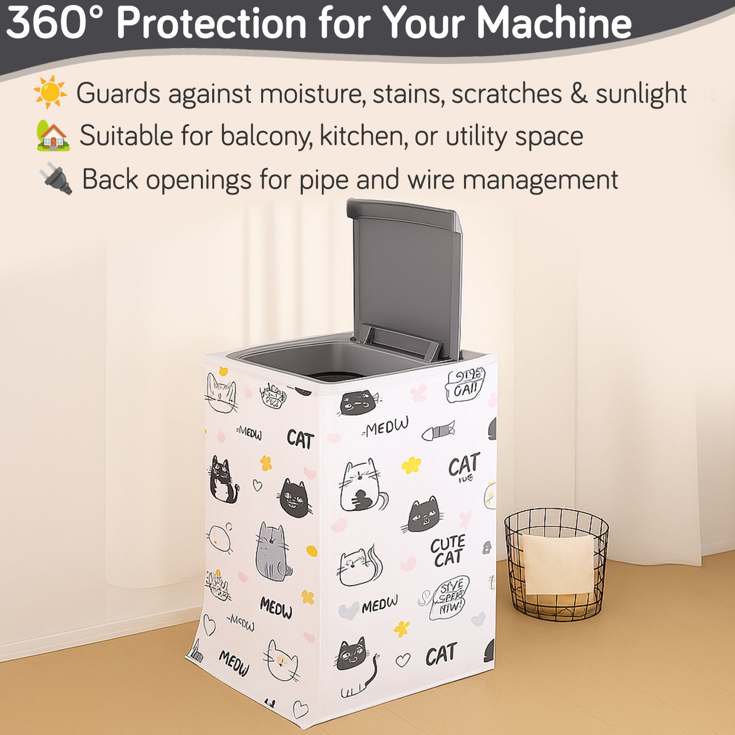 Waterproof Front Load / Top Load Washing Machine Cover | PEVA Dustproof Protective Cover for 6kg, 6.5kg, 7kg & 7.5kg Fully Automatic Machines, Playful Cats