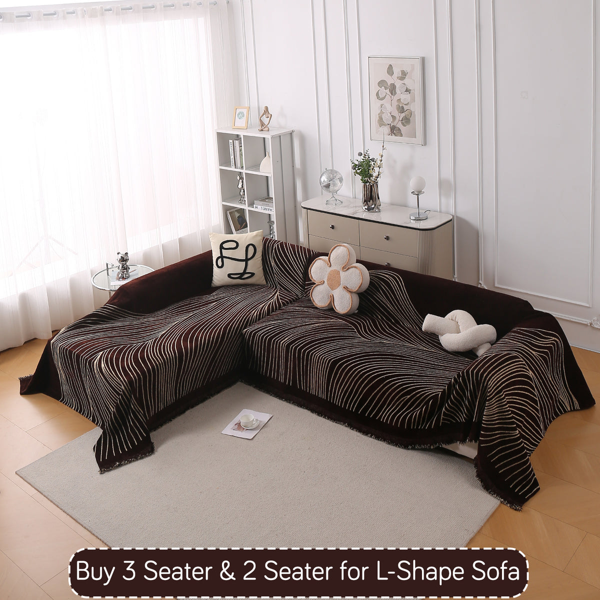 Buy Dark Coffee Colour WaveLoom Chenille L-Shape Sofa Throw | HOKIPO