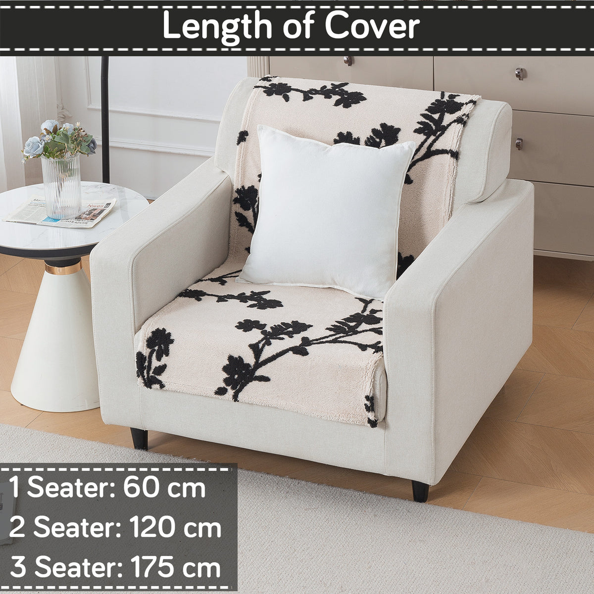 'Noirea Series' Plush Sofa Cover for Seat & Back, Botanical Vine