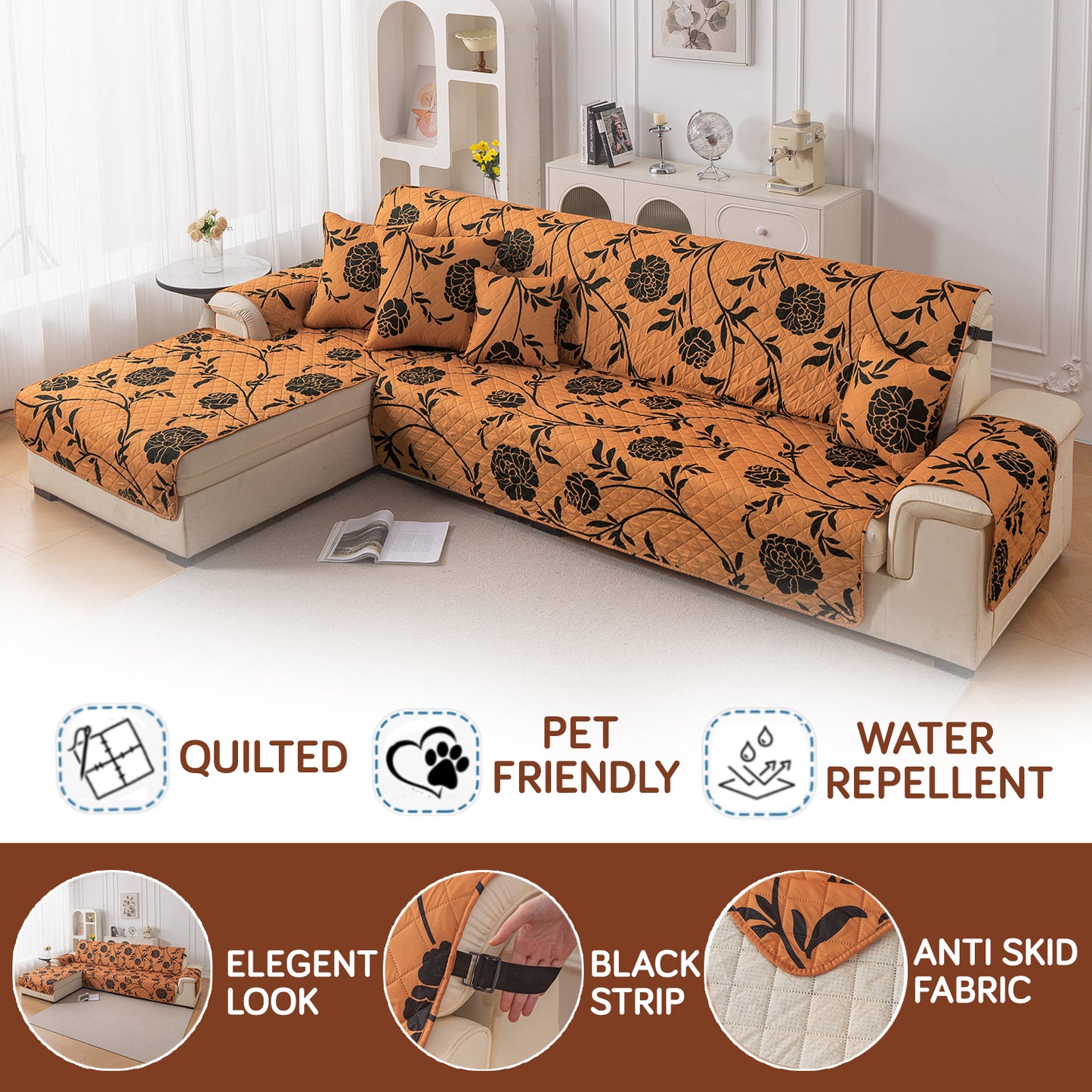 Elira Series Quilted One-Piece L Shape Sofa Cover Mat with Left and Right Chaise, Copper Brown Floral