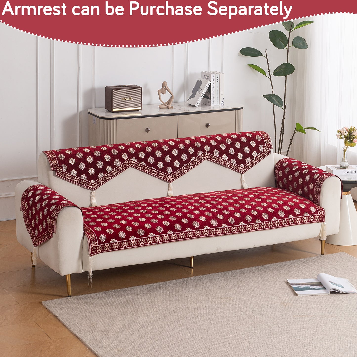 Heritage Weave Premium Jacquard Sofa Cover Set with Tassels -  Crimson Red