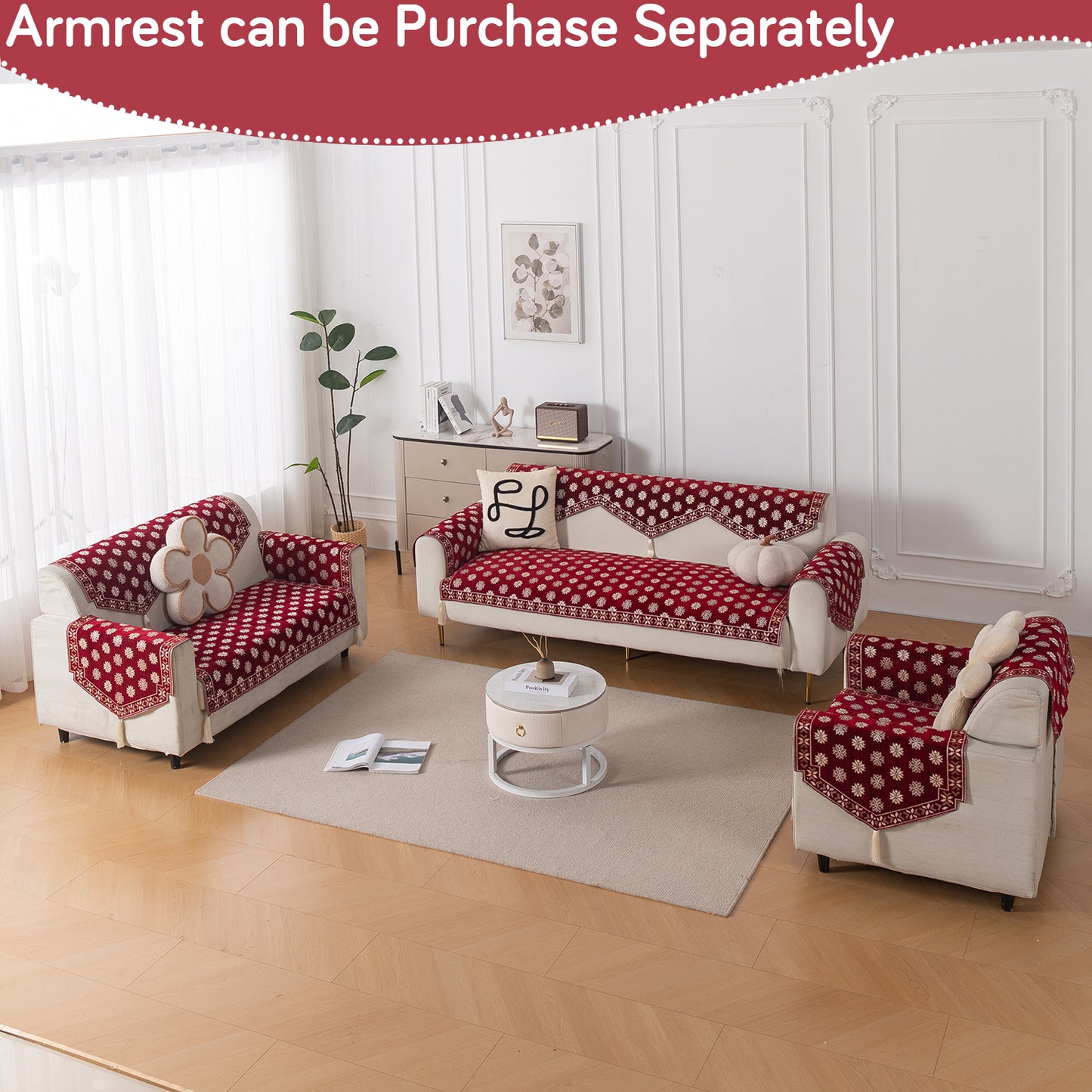 Heritage Weave Premium Jacquard Sofa Cover Set with Tassels -  Crimson Red