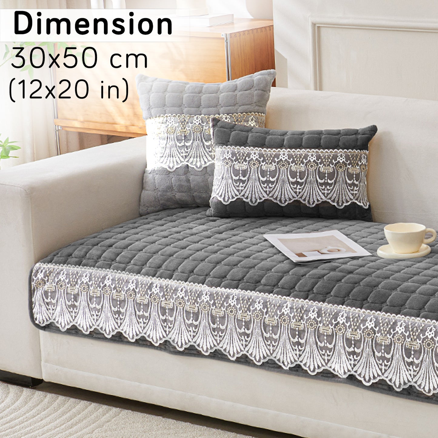 Premium Milk Velvet Sofa Cushion Cover with Lace Design, Porpoise Grey