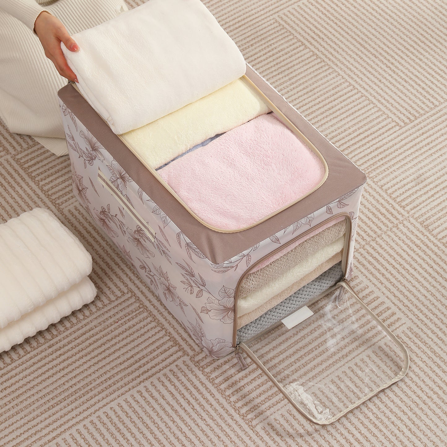 Foldable Cloth Storage Box Organizer for Wardrobe, Latte Floral