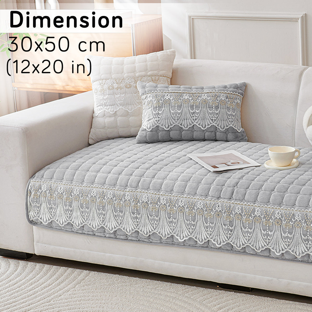 Premium Milk Velvet Sofa Cushion Cover with Lace Design, Cloud Grey