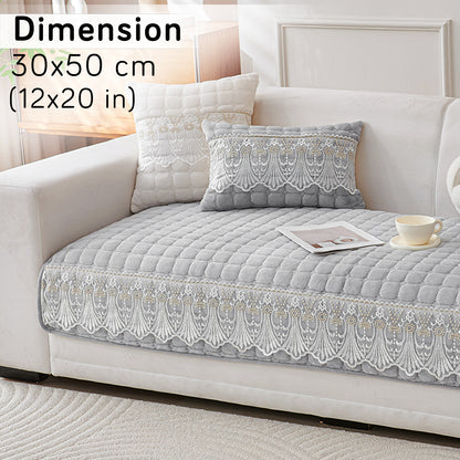 Premium Milk Velvet Sofa Cushion Cover with Lace Design, Cloud Grey