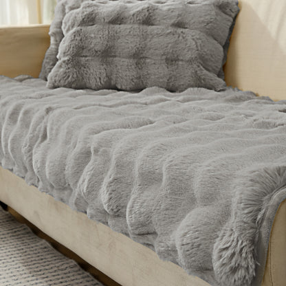 Premium Faux Rabbit Fur Anti Slip Sofa Cover Mat with 2 Armrest Cover, Cool Grey