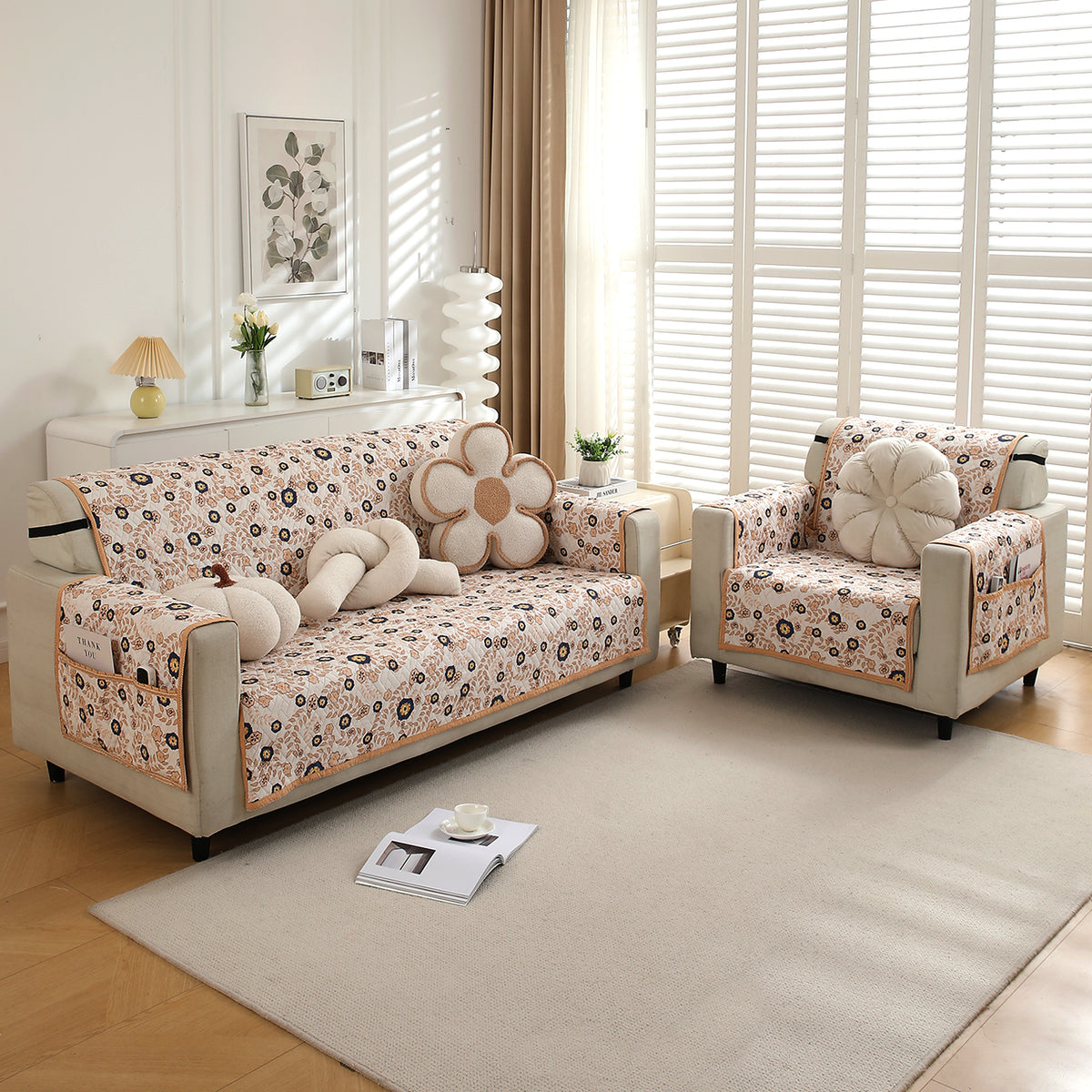 Quilted Sofa Cover with Pockets, Light Peach Candytuft