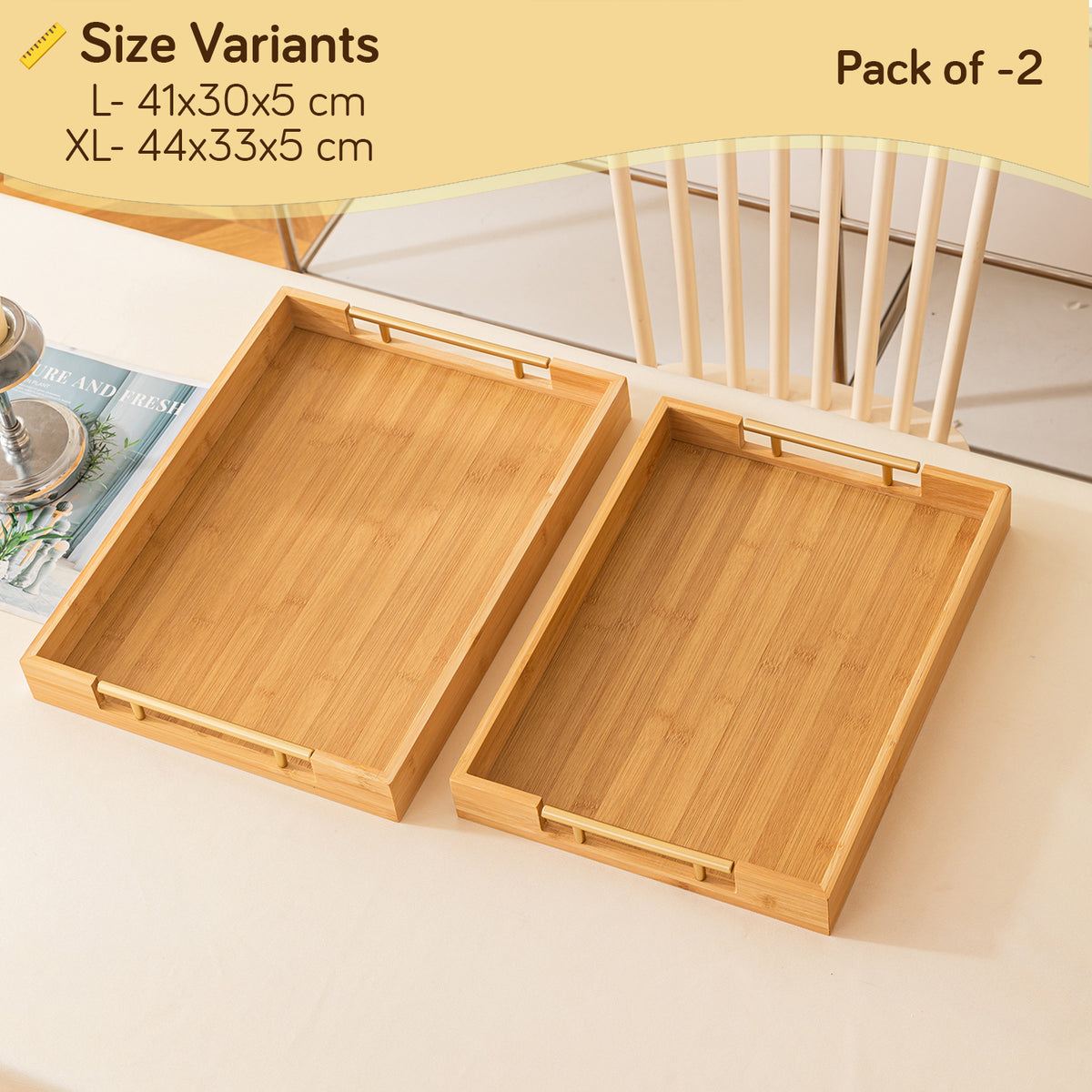 Bamboo Serving Tray Set with Gold Handles | Set of 2