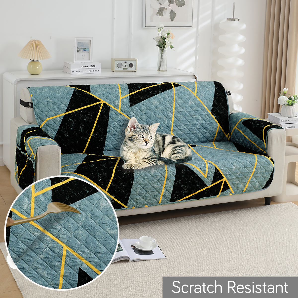 Waterproof & Quick-Dry Quilted Sofa Cover with Pockets on Armrest, Multicolor Abstract Geometry