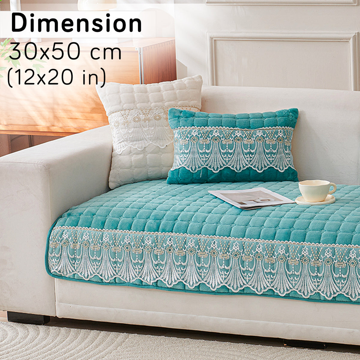Premium Milk Velvet Sofa Cushion Cover with Lace Design, Teal