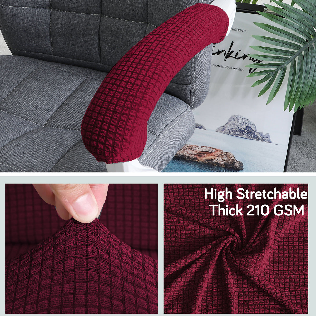210gsm Jacquard Water Repellent Armrest Covers for Office Chair (Zipper Style), 1 Pair, Burgundy