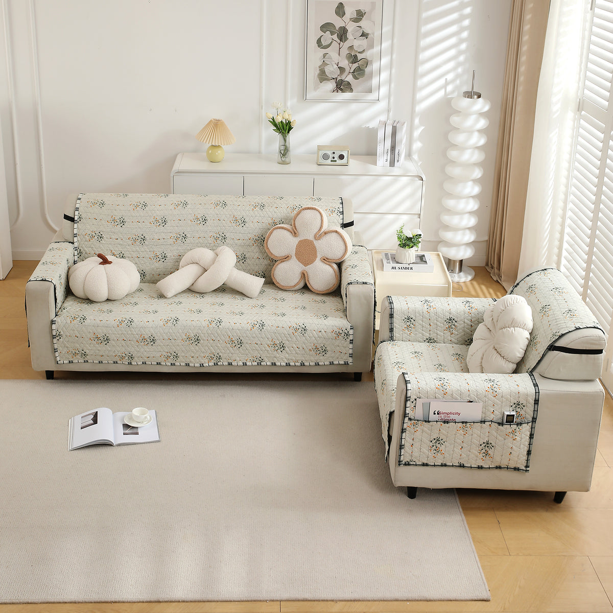 4 Seater Light Green Ash Gypsy Floral  Printed quilted sofa cover set