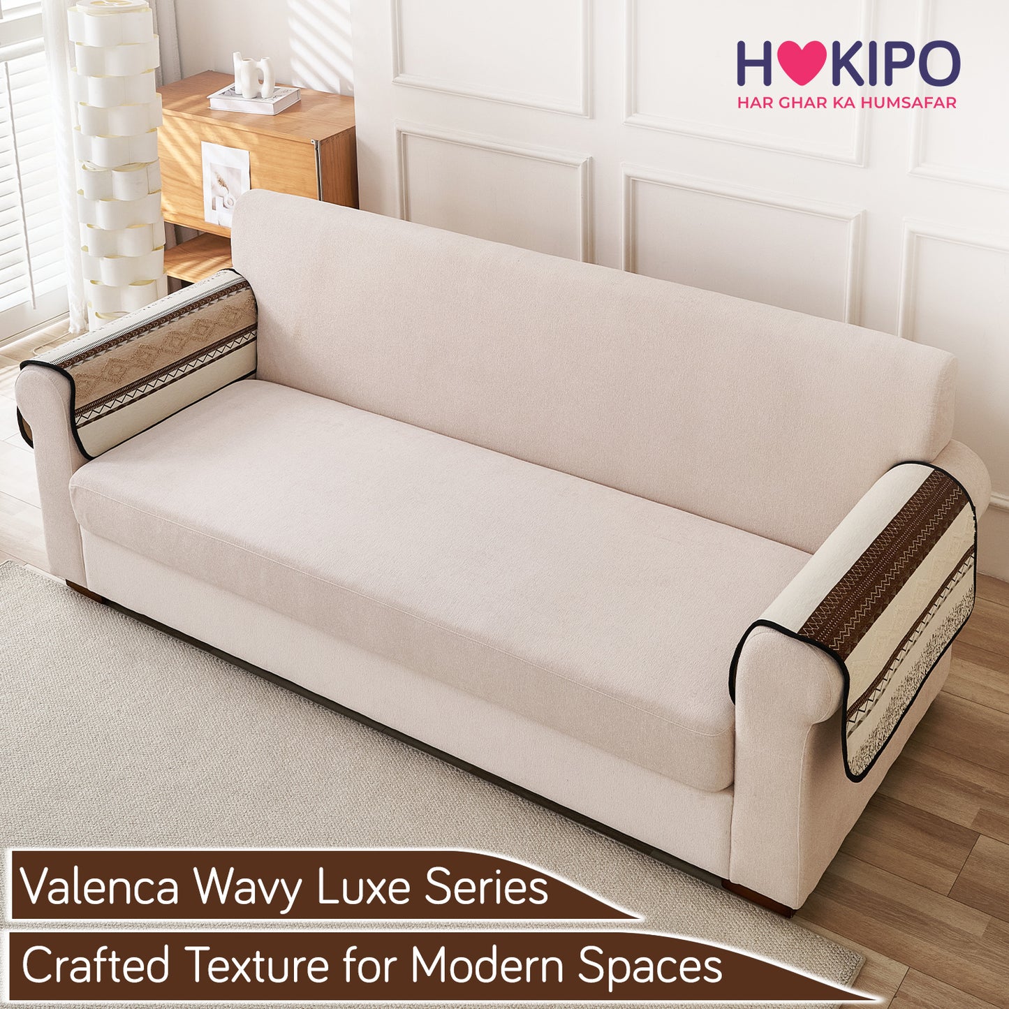 HOKIPO Boho Geometry Sofa Cover Mat|'Valenca Wavy Luxe Series' Earth Brown