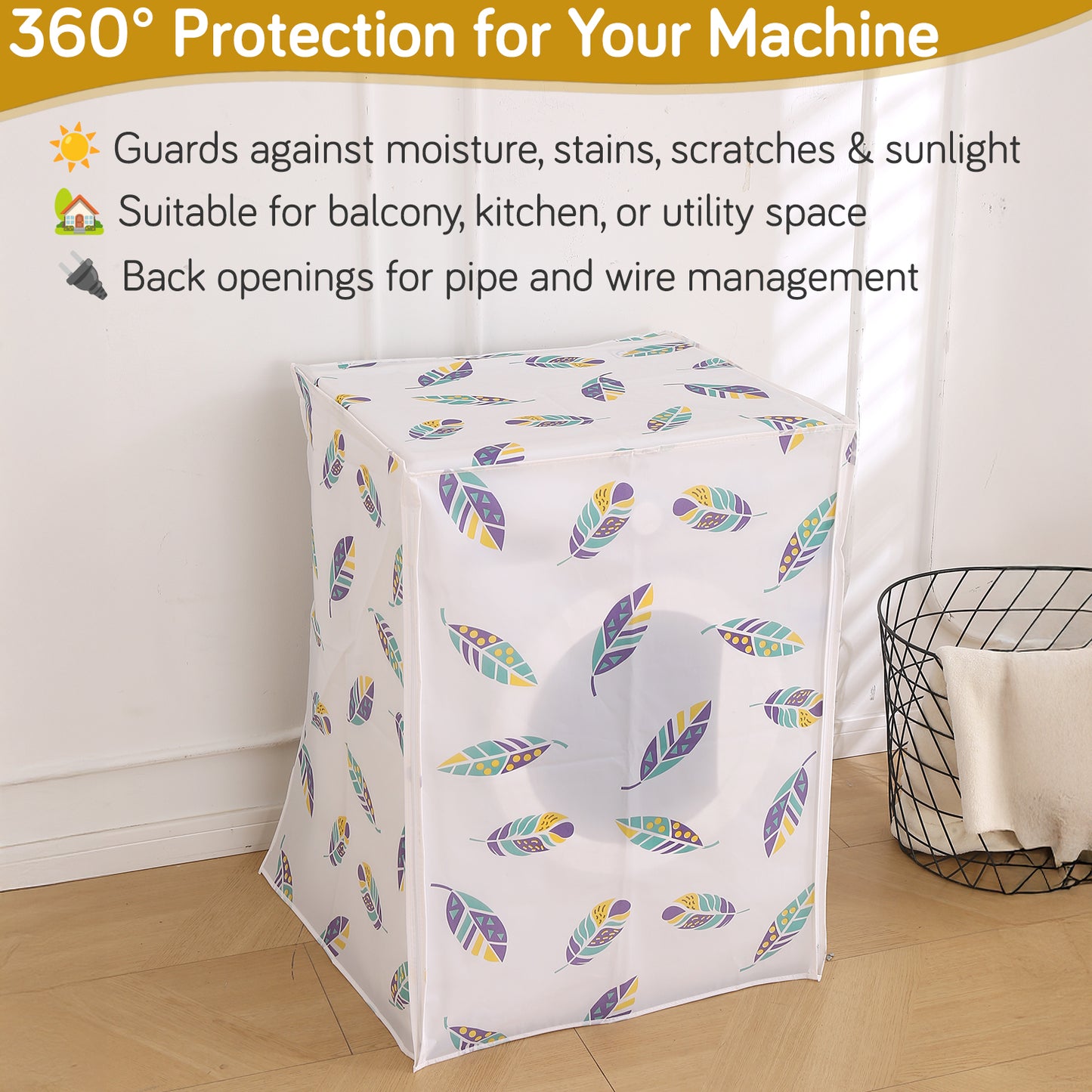 Waterproof Front Load / Top Load Washing Machine Cover | PEVA Dustproof Protective Cover for 6kg, 6.5kg, 7kg & 7.5kg Fully Automatic Machines, Boho Feathers