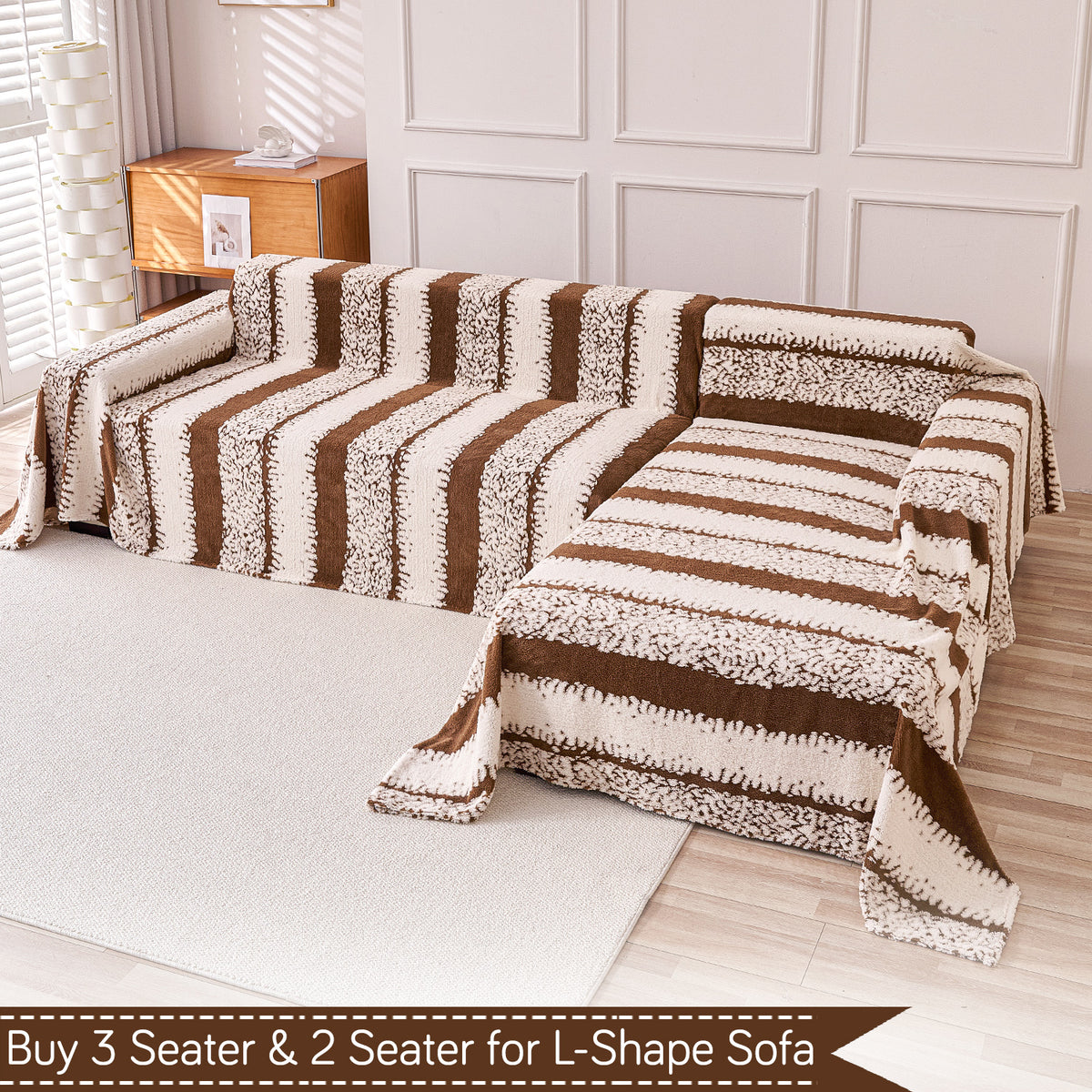 Buy Desert Brown Colour Luxury Wavy Plush Sofa Throw for L-shape Sofas - 3 & 2 Seater Sofa Sets | HOKIPO
