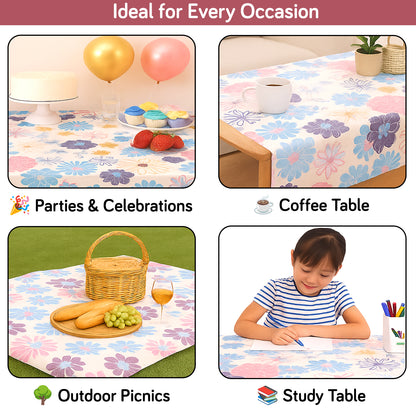 PEVA Waterproof Table Cover Cloth for 2/4/6 Seaters Dining Table | Dustproof Table Cloth for Study & Coffee Table, Tufts Blue Sunflower