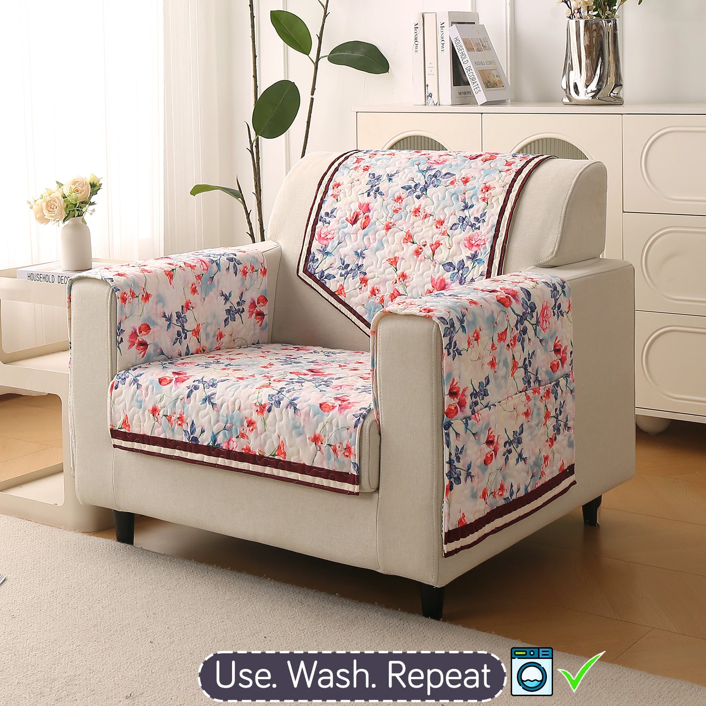 Florentina Series Printed Holland Velvet Sofa Mat - Scarlet Rose Ivory
