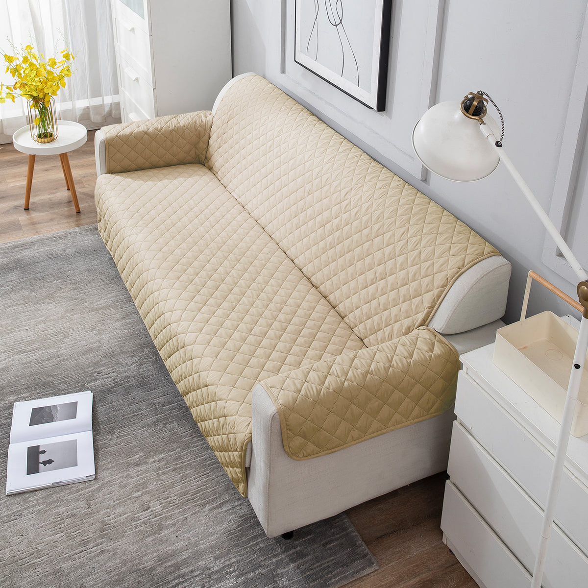 UrbanQuilt Quilted Polyester Sofa Cover Mat Pet Friendly, Beige