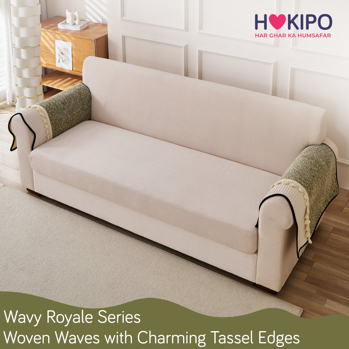 Thick Woven Weave Chenille Sofa Cover with Tassel|'Wavy Royale Series' Sage Green