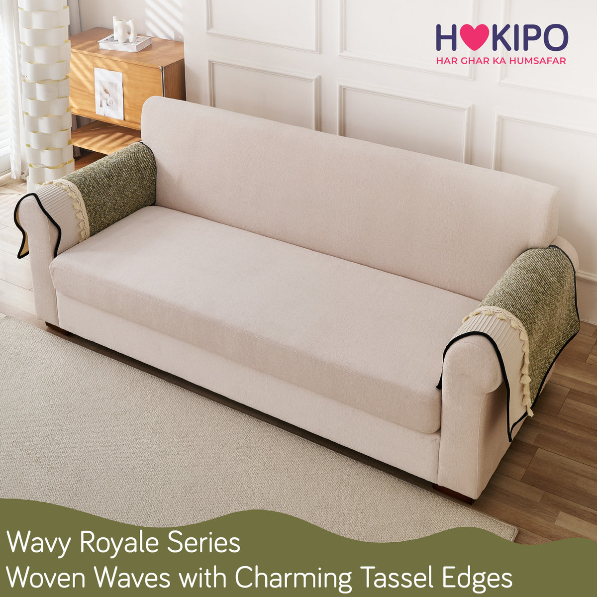 'Wavy Royale Series' Thick Woven Weave Chenille Sofa Cover with Tassel, Sage Green