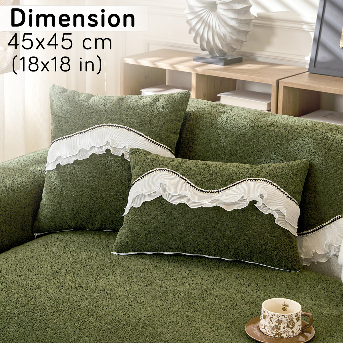 French Classic Frill Sofa Cushion Cover with Elegant Wavy Lace Design - Dark Olive Green