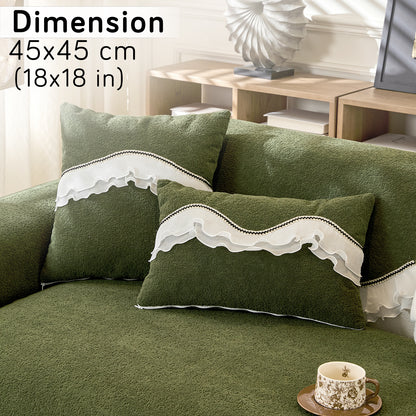 French Classic Frill Sofa Cushion Cover with Elegant Wavy Lace Design - Dark Olive Green