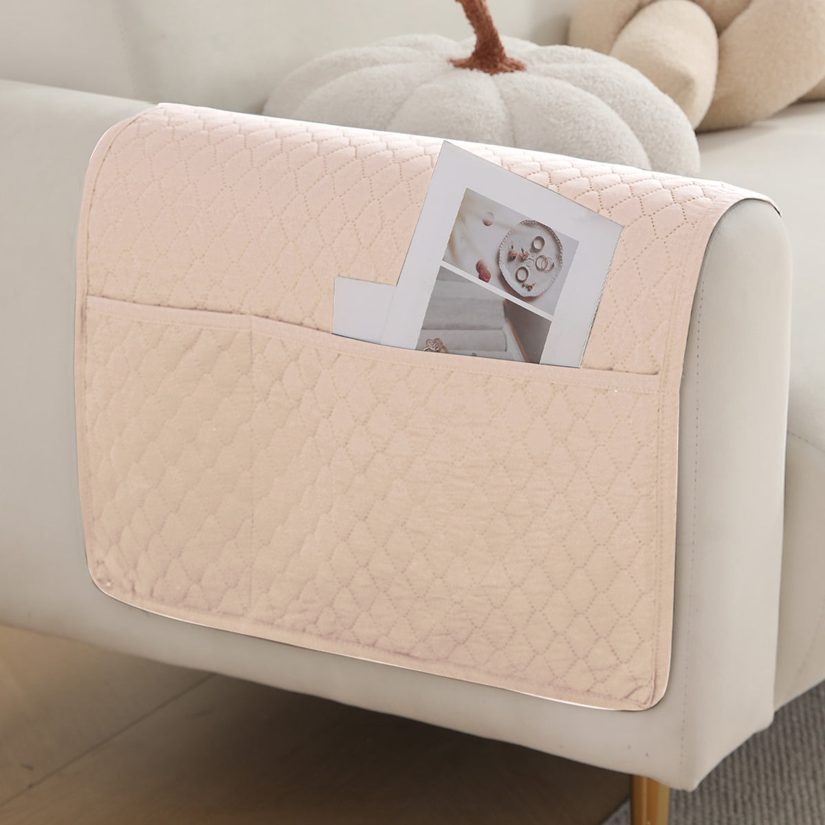 2 Pcs Quilted Sofa Armrest Cover, Beige