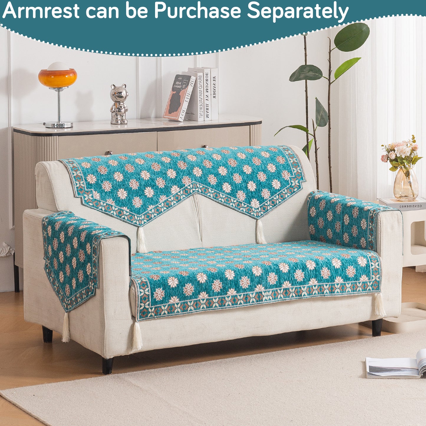 Heritage Weave Premium Jacquard Sofa Cover Set with Tassels - Emerald Teal