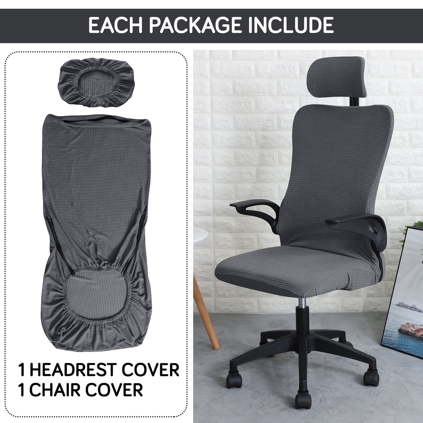 Stretchable Jacquard Office Boss Chair Seat Cover with Headrest Cover for Computer Desk Chair, Dark Grey