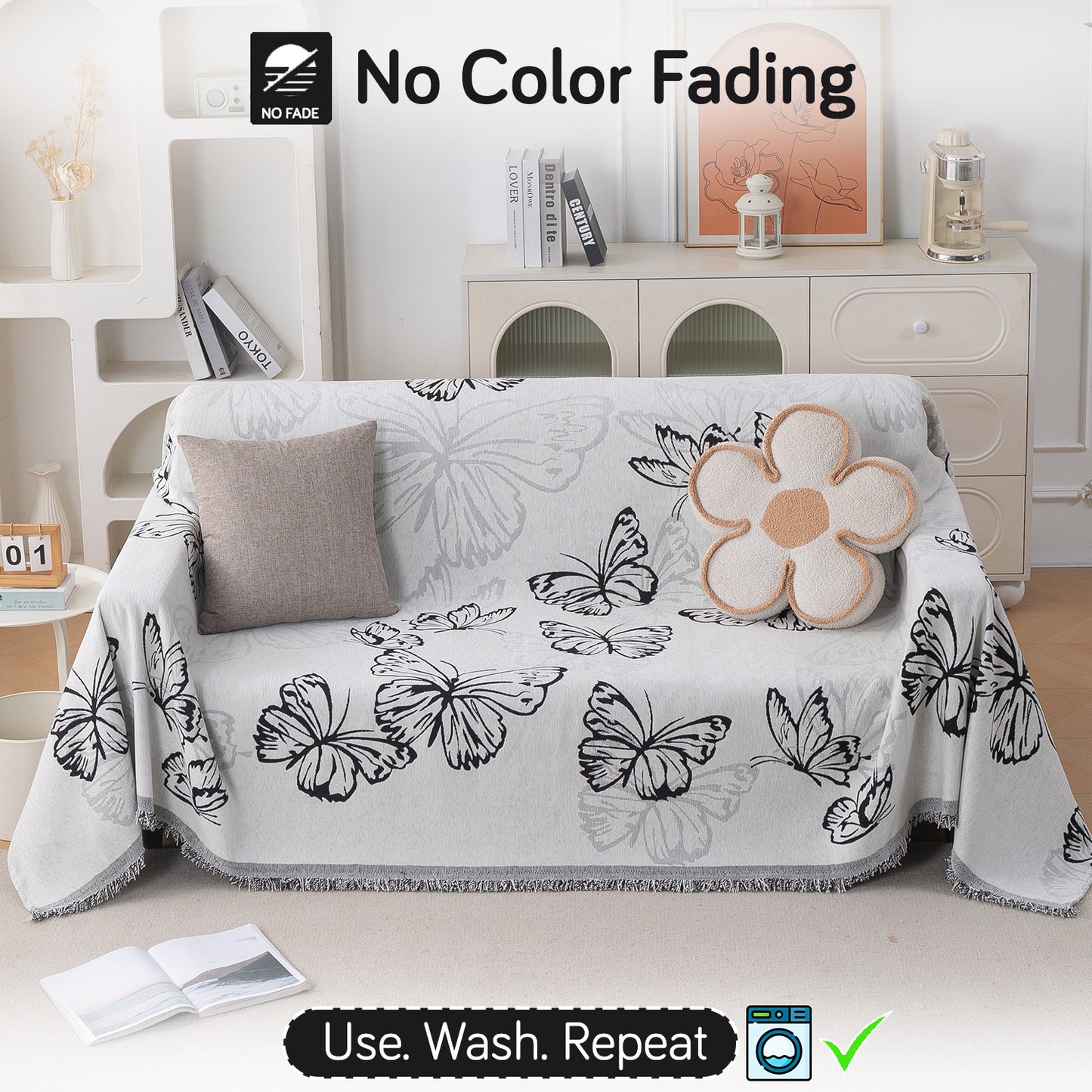 Premium 320 GSM Chenille Sofa Cover Throw All Season 'Serene Abode Series', Monochrome Butterfly