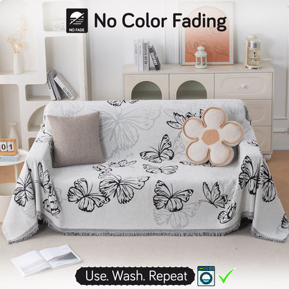Premium 320 GSM Chenille Sofa Cover Throw All Season 'Serene Abode Series', Monochrome Butterfly