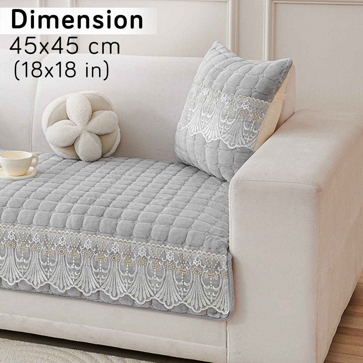Premium Milk Velvet Sofa Cushion Cover with Lace Design, Cloud Grey