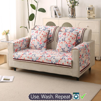 Florentina Series Printed Holland Velvet Sofa Mat - Scarlet Rose Ivory