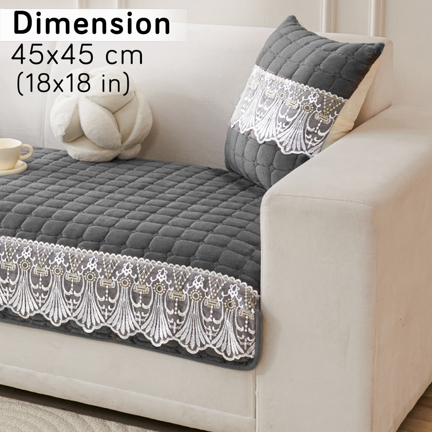 Premium Milk Velvet Sofa Cushion Cover with Lace Design, Porpoise Grey