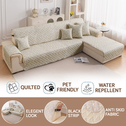Elira Series Quilted One-Piece L Shape Sofa Cover Mat with Left and Right Chaise, Beige Abstract Geometry