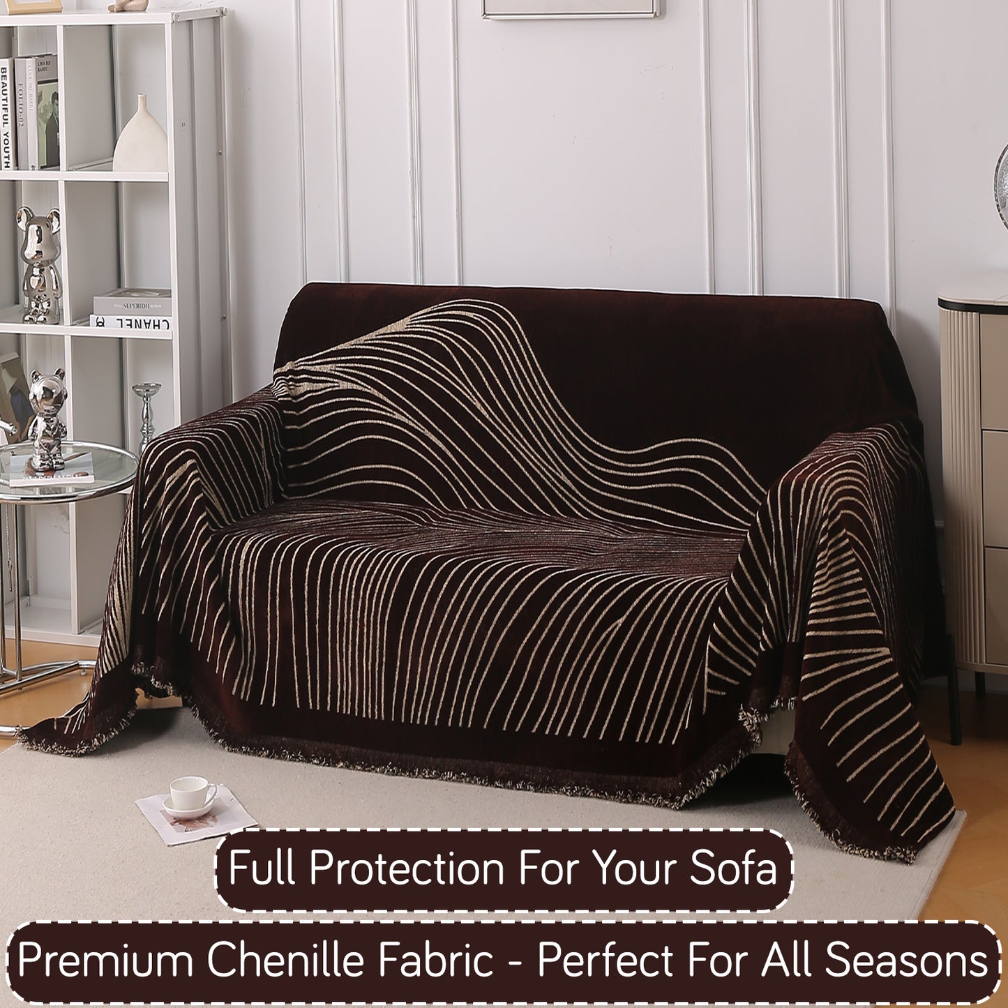 WaveLoom Collection Printed Chenille Sofa Cover Throw Blanket, Dark Coffee