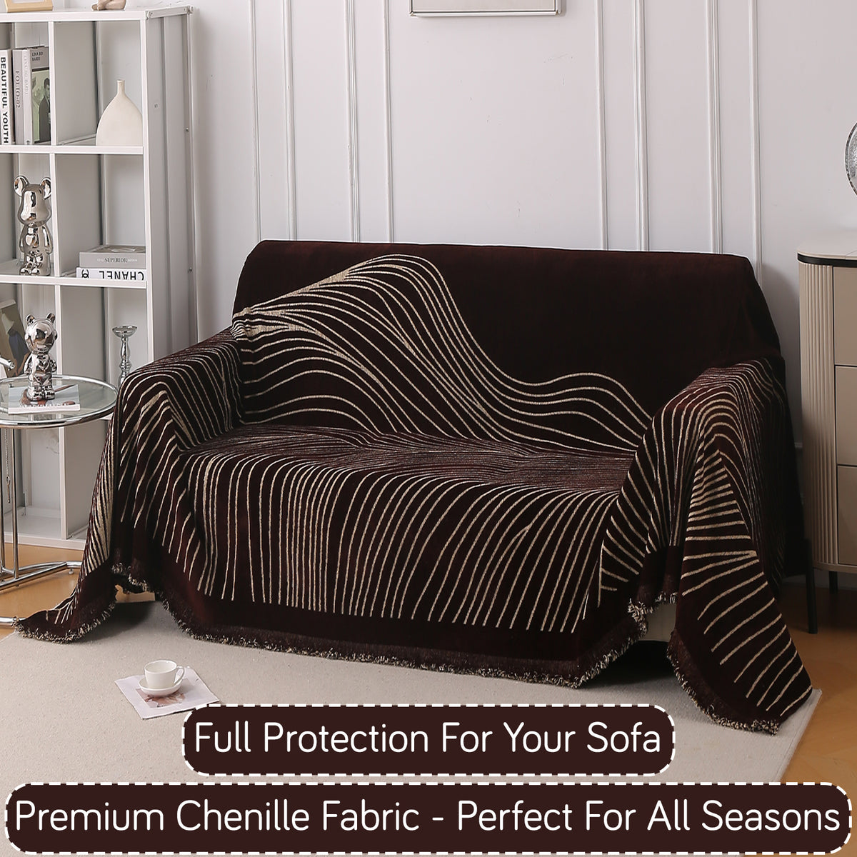 Buy Dark Coffee Colour WaveLoom Chenille Two Seater Sofa Throw | HOKIPO