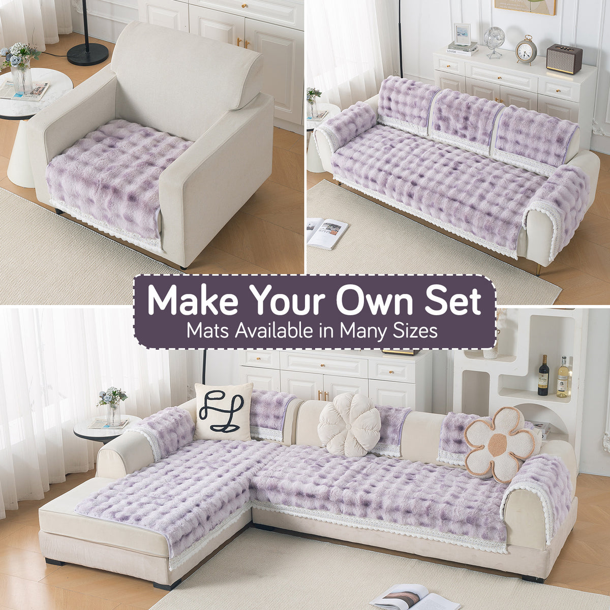 Faux Rabbit Fur Sofa Cover with Lace |Gradient Rabbit Plush, Violet
