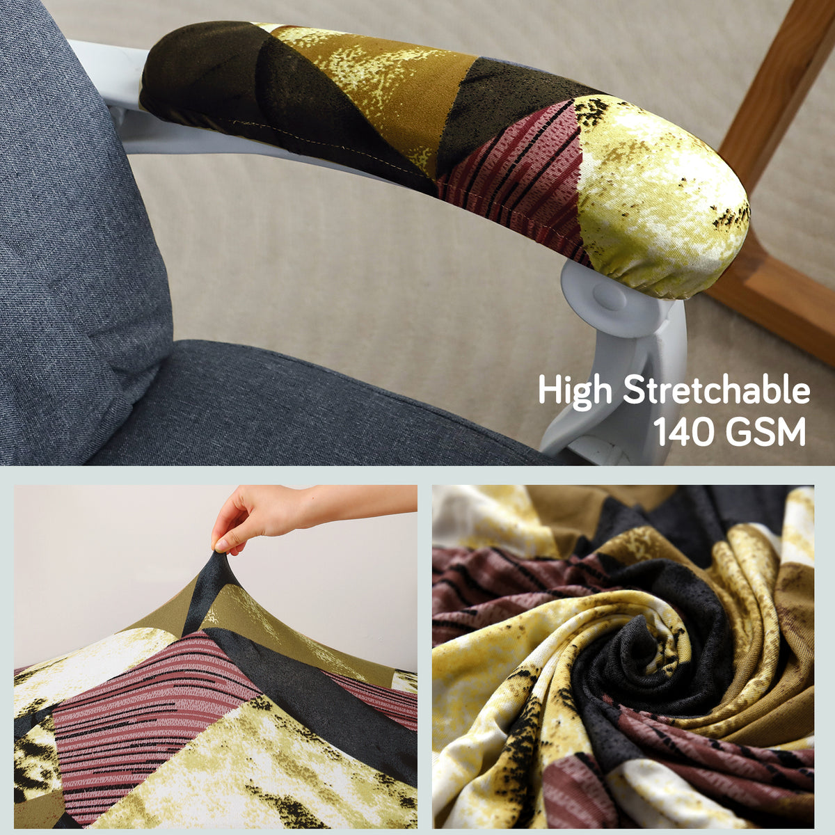 140gsm Printed Armrest Covers for Office Chair (Elastic Style), 1 Pair, Wine Abstract Geometry