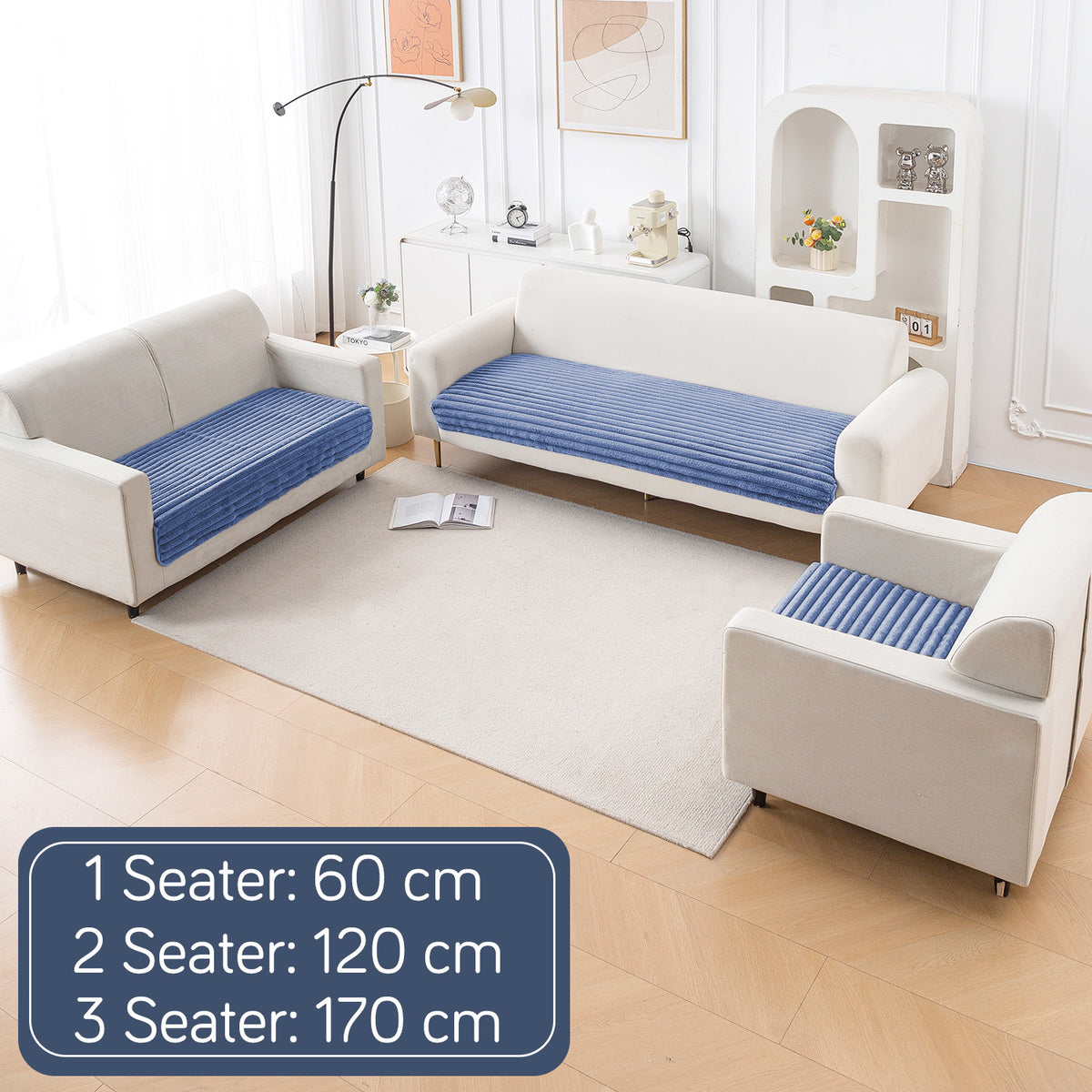 Faux Rabbit Fur Sofa Cover Combination Set, 'Snuggle Fur Series' Denim Blue