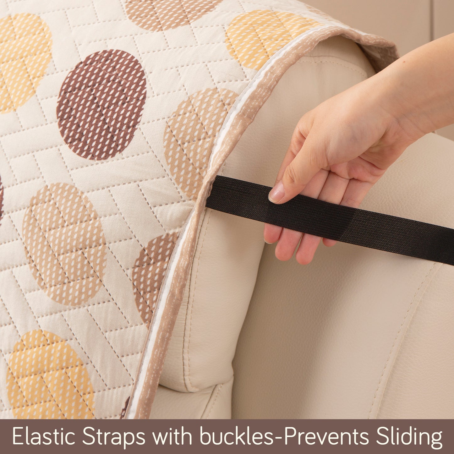HomeHues Series Quilted Sofa Cover with Secure Fit Belt for L Shape sofa, Brown Polka Dot